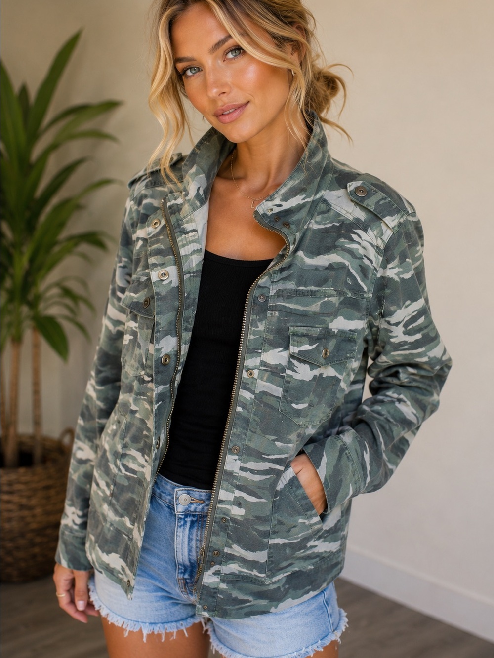 Kensie Women's Green Camo Military Field Jacket